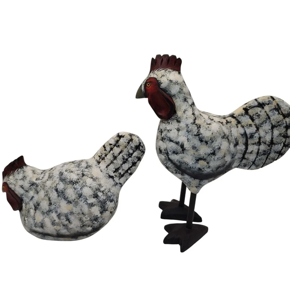 Vintage Handmade Chicken and Rooster Wooden Signed‎ Decorative Set of Two 2000